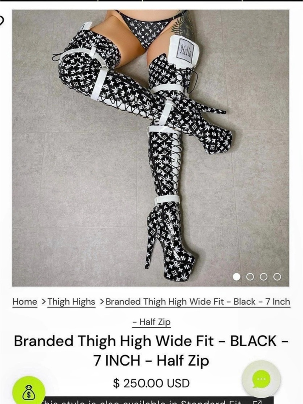 Hella Heels Branded Thigh High Wide Fit - 7 Inch - Half Zip Heels Black & White